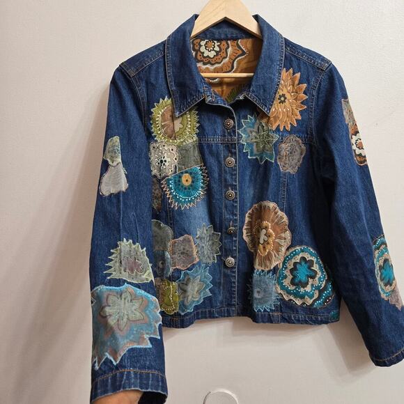 Vintage 90s Y2K Womens Floral Embroidered Denim Jacket Size Medium Boho Cottage - Picture 3 of 11